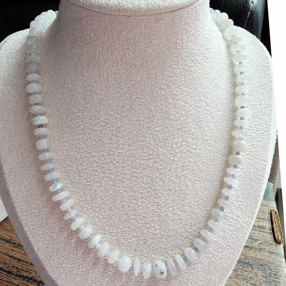 17" Beaded Gemstone Necklace, Rainbow Moonstone & Chalcedony, Blue, White